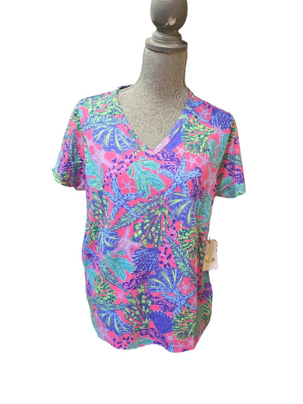 Stella Parker Women's Short Sleeve Teal Multi Color V Neck Tee Shirt NWT Large